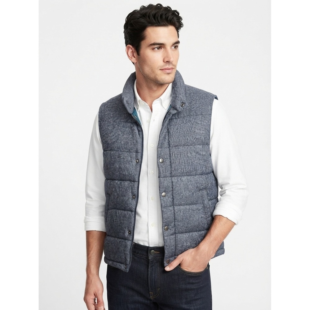 Banana Republic Heather Quilt Puffer Vest Full Zip Snap Blue Heather Medium